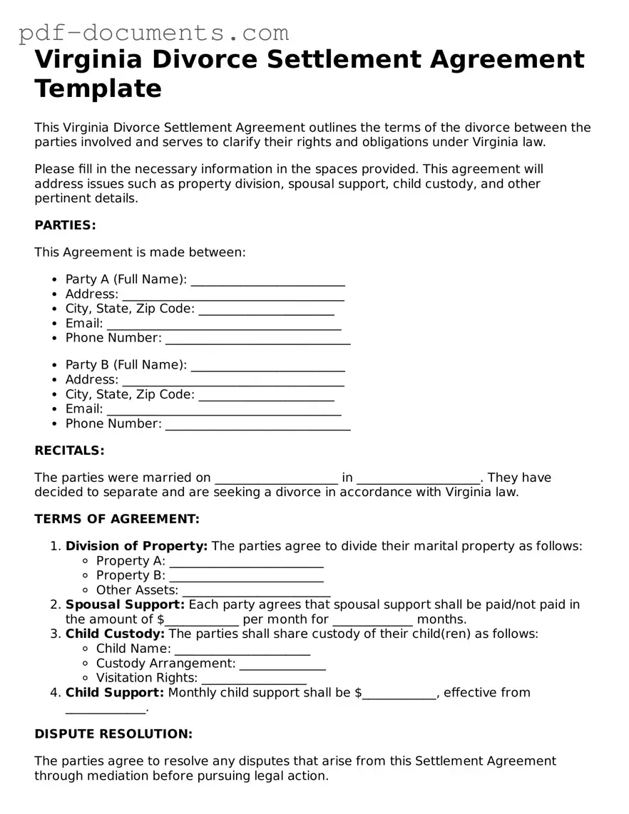 Legal Divorce Settlement Agreement Template for the State of Virginia