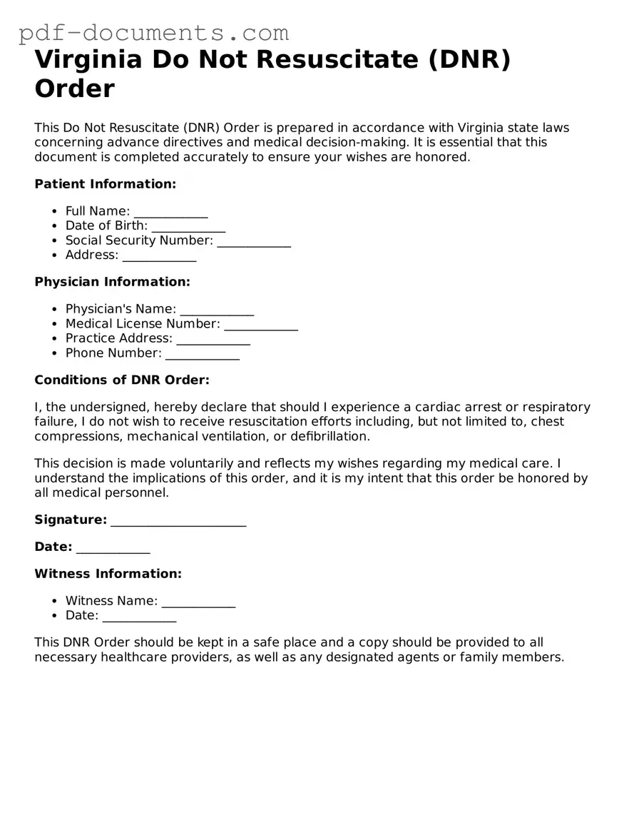 Legal Do Not Resuscitate Order Template for the State of Virginia