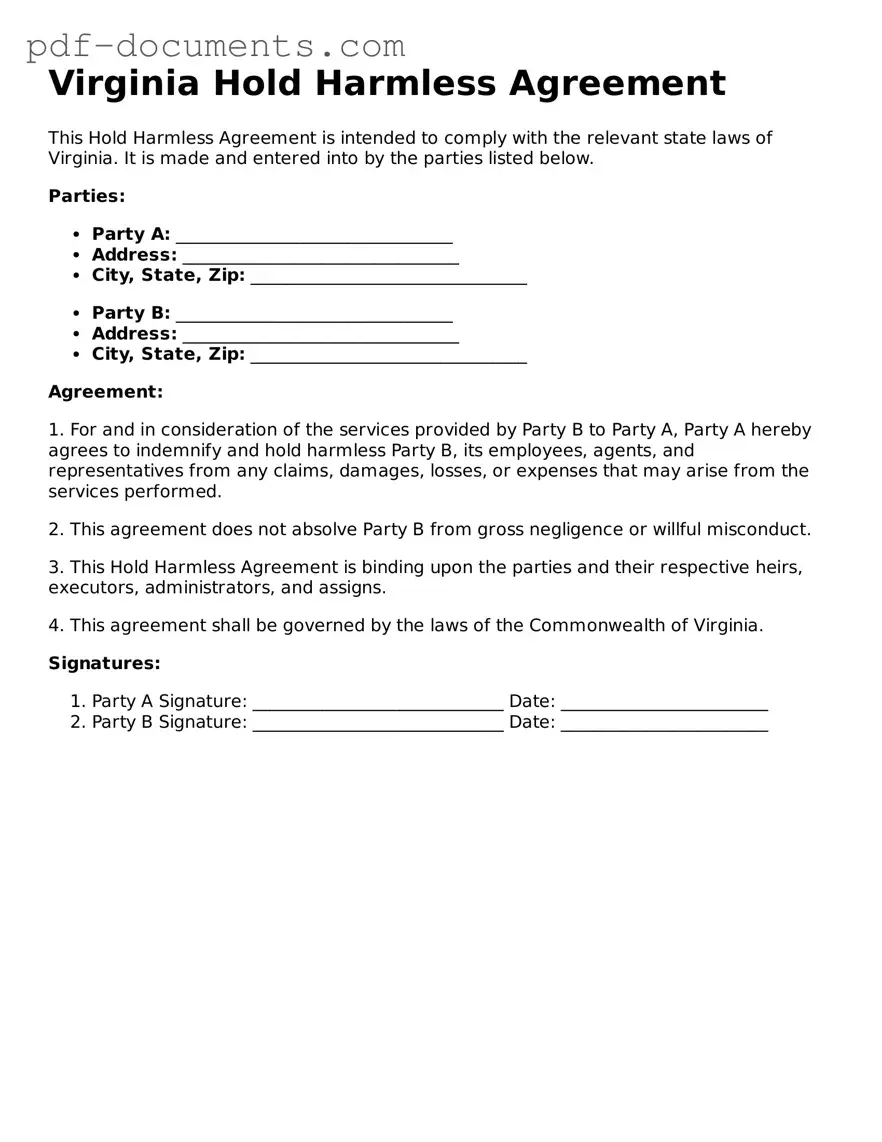 Legal Hold Harmless Agreement Template for the State of Virginia