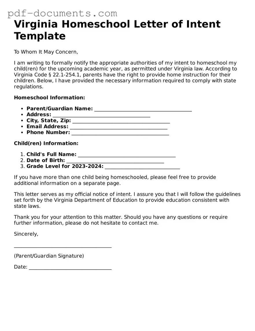 Legal Homeschool Letter of Intent Template for the State of Virginia