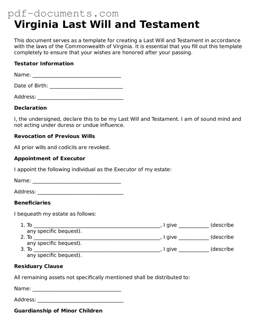 Legal Last Will and Testament Template for the State of Virginia