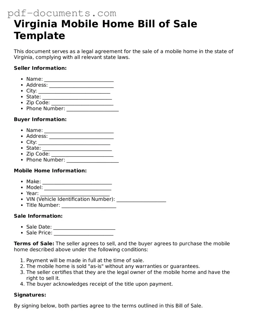 Legal Mobile Home Bill of Sale Template for the State of Virginia