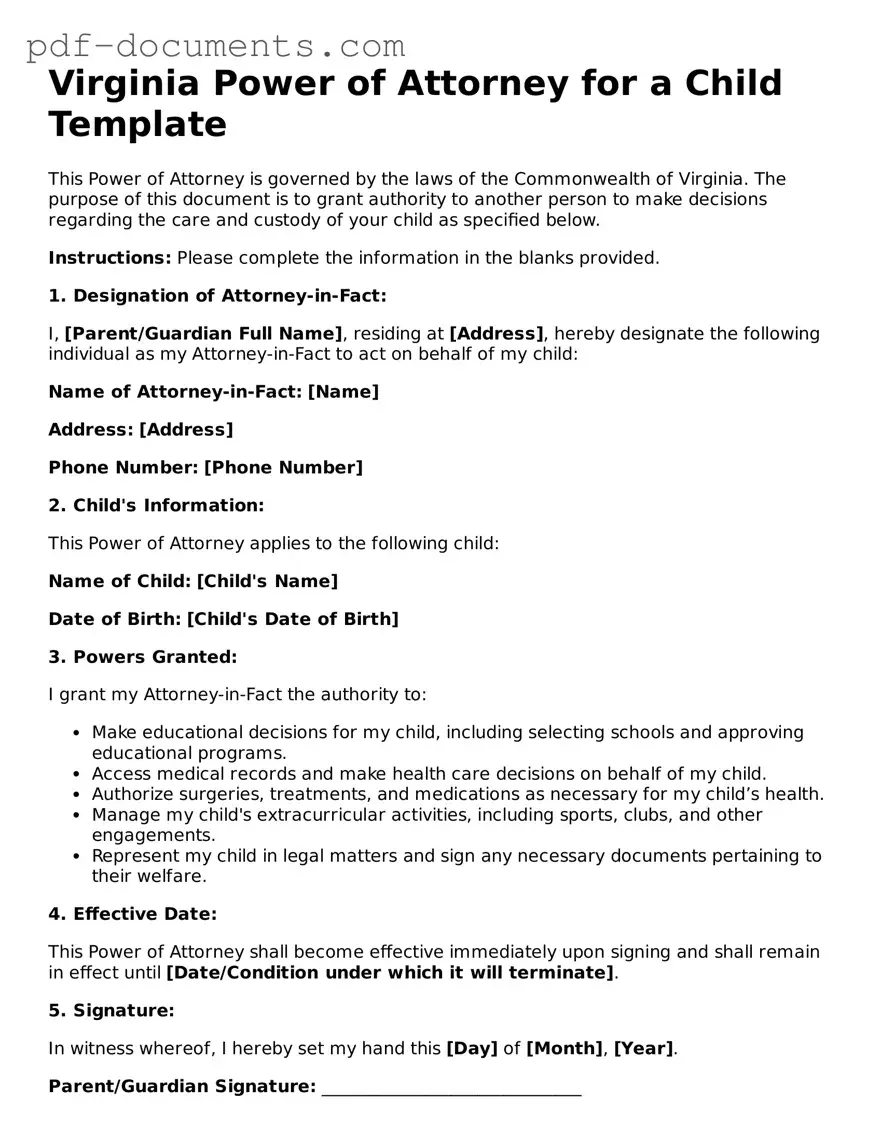 Legal Power of Attorney for a Child Template for the State of Virginia