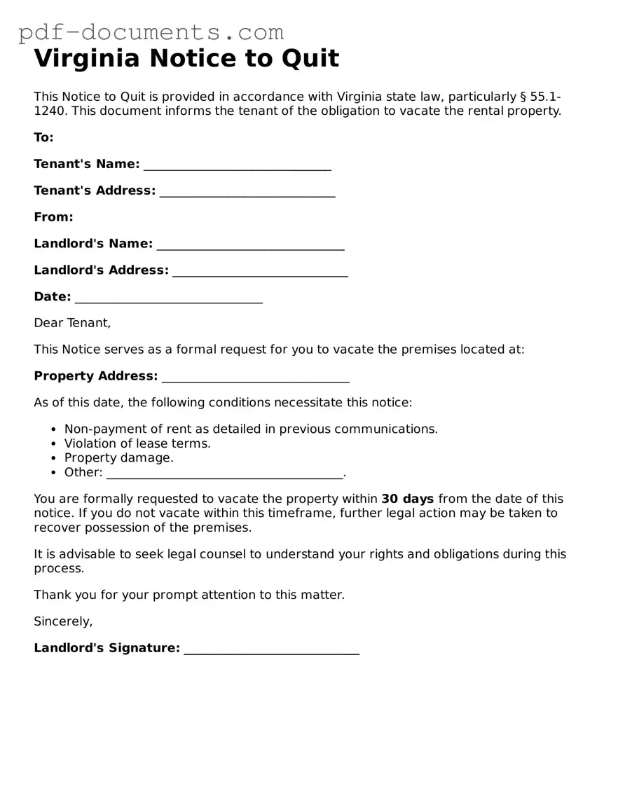 Legal Notice to Quit Template for the State of Virginia