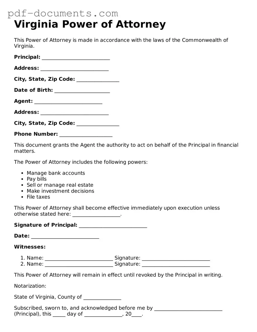 Legal Power of Attorney Template for the State of Virginia