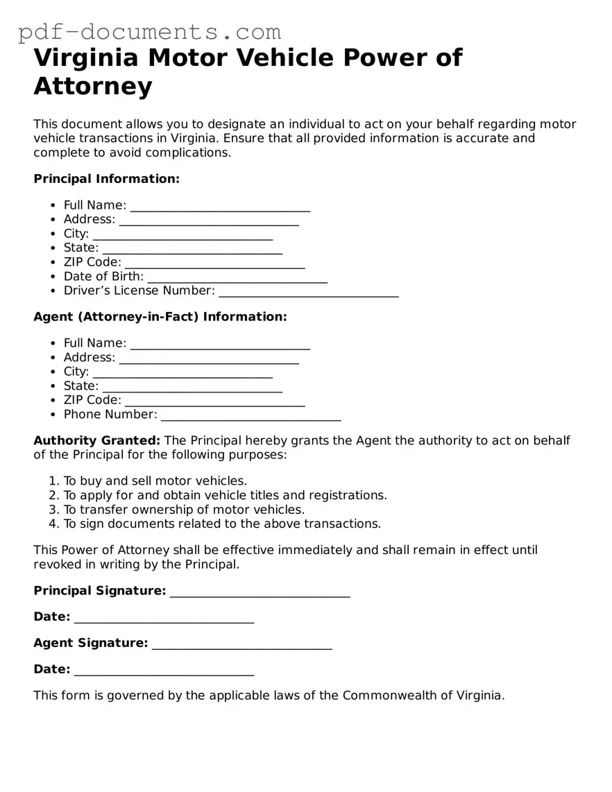 Legal Motor Vehicle Power of Attorney Template for the State of Virginia