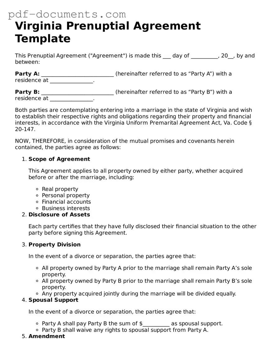 Legal Prenuptial Agreement Template for the State of Virginia