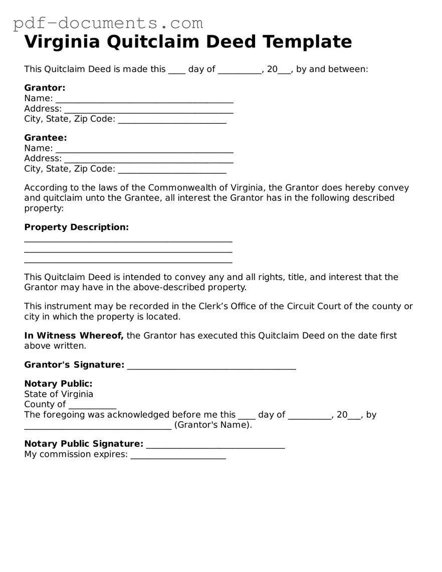 Legal Quitclaim Deed Template for the State of Virginia
