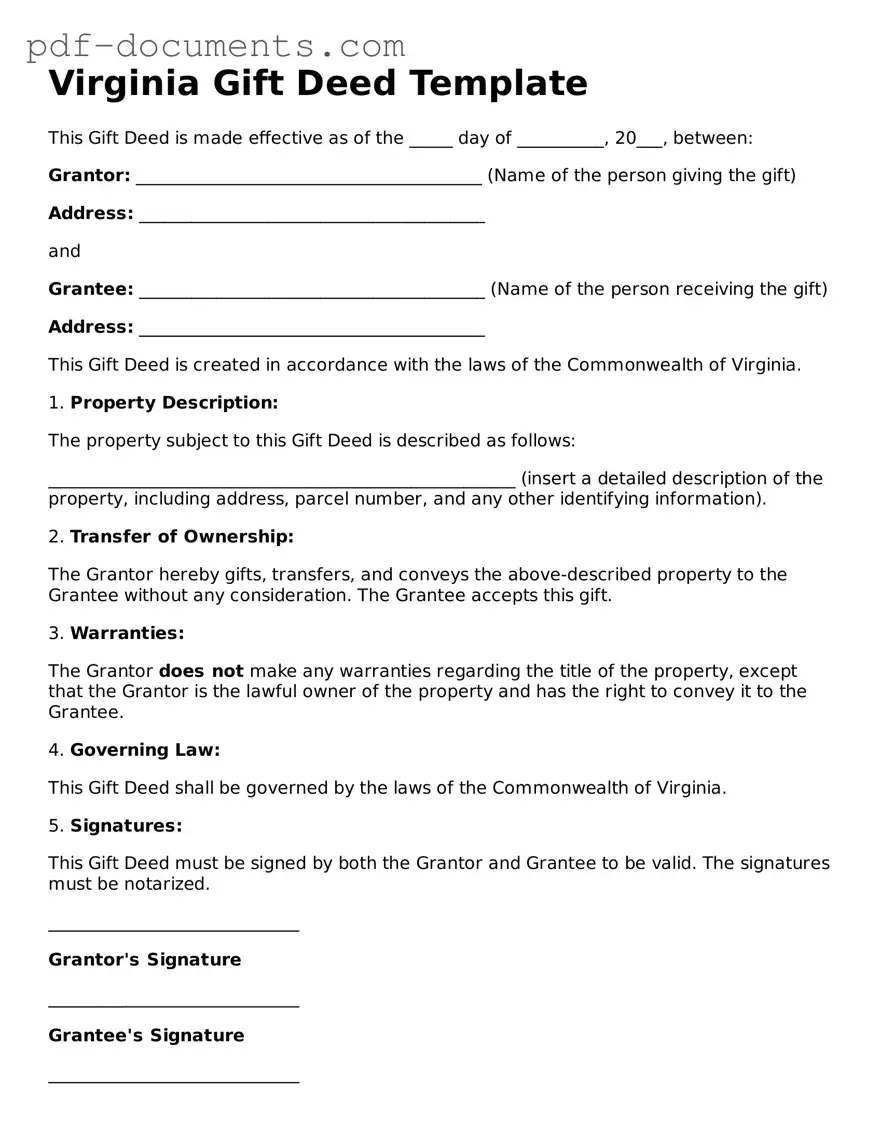 Legal Gift Deed Template for the State of Virginia
