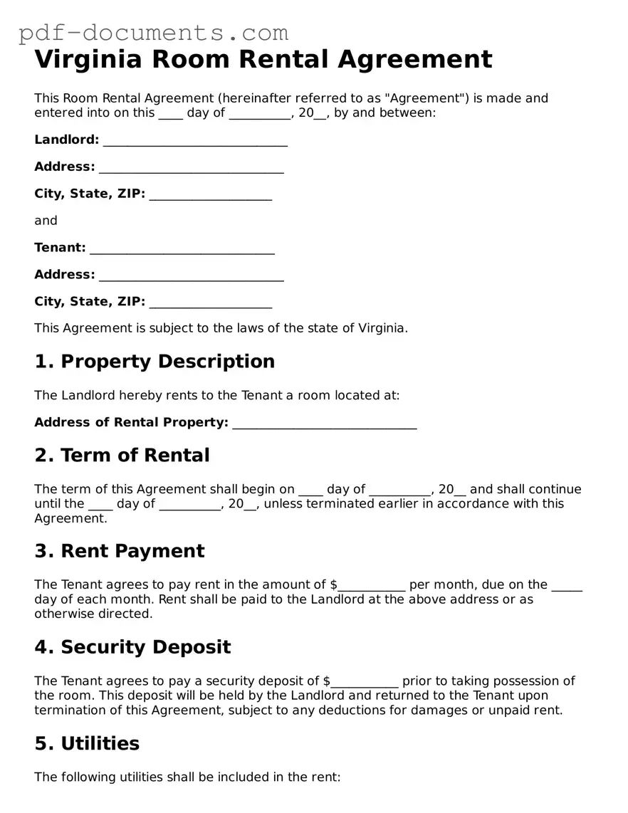 Legal Room Rental Agreement Template for the State of Virginia