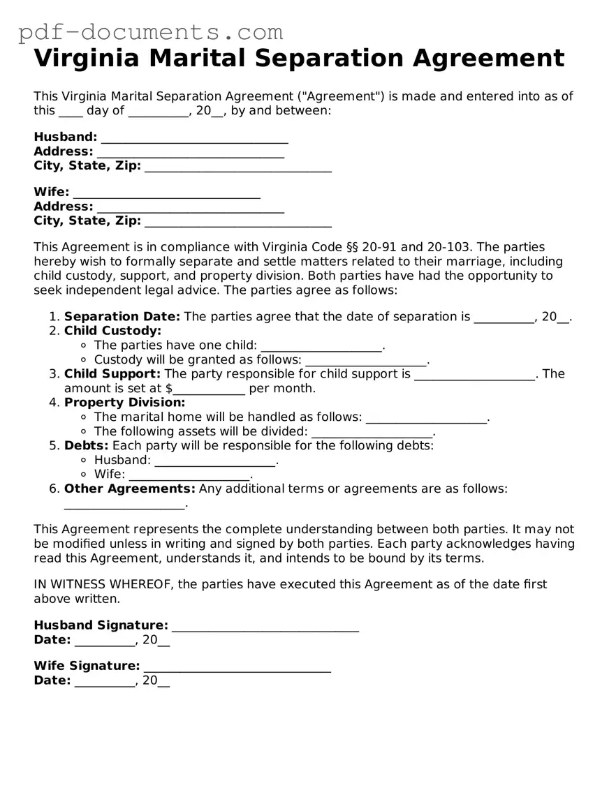 Legal Marital Separation Agreement Template for the State of Virginia