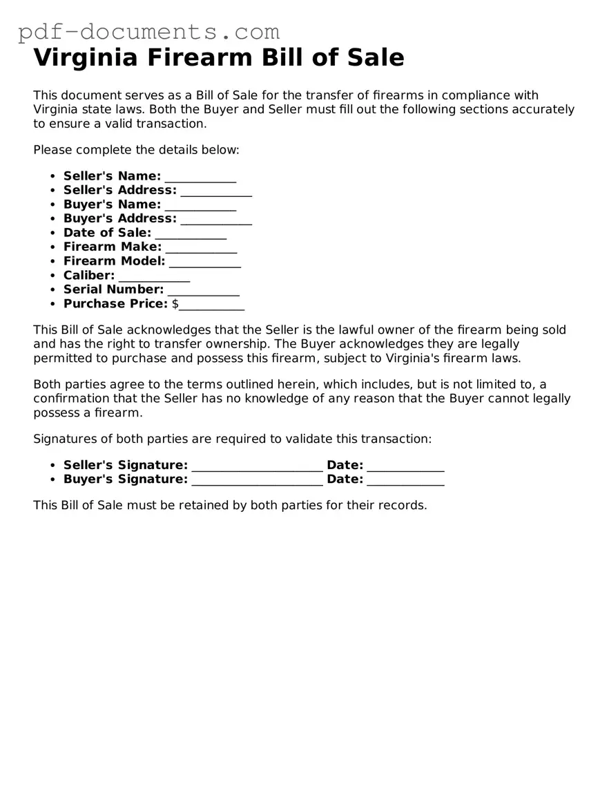 Legal Firearm Bill of Sale Template for the State of Virginia