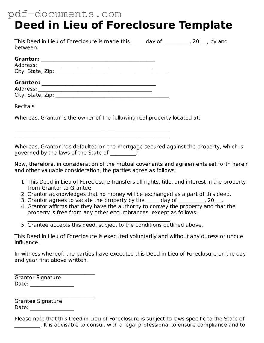 Printable Deed in Lieu of Foreclosure Form