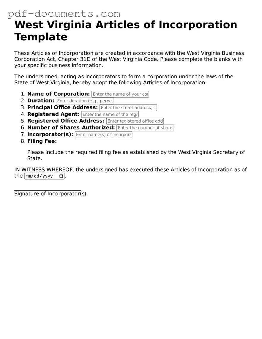 Legal Articles of Incorporation Template for the State of West Virginia
