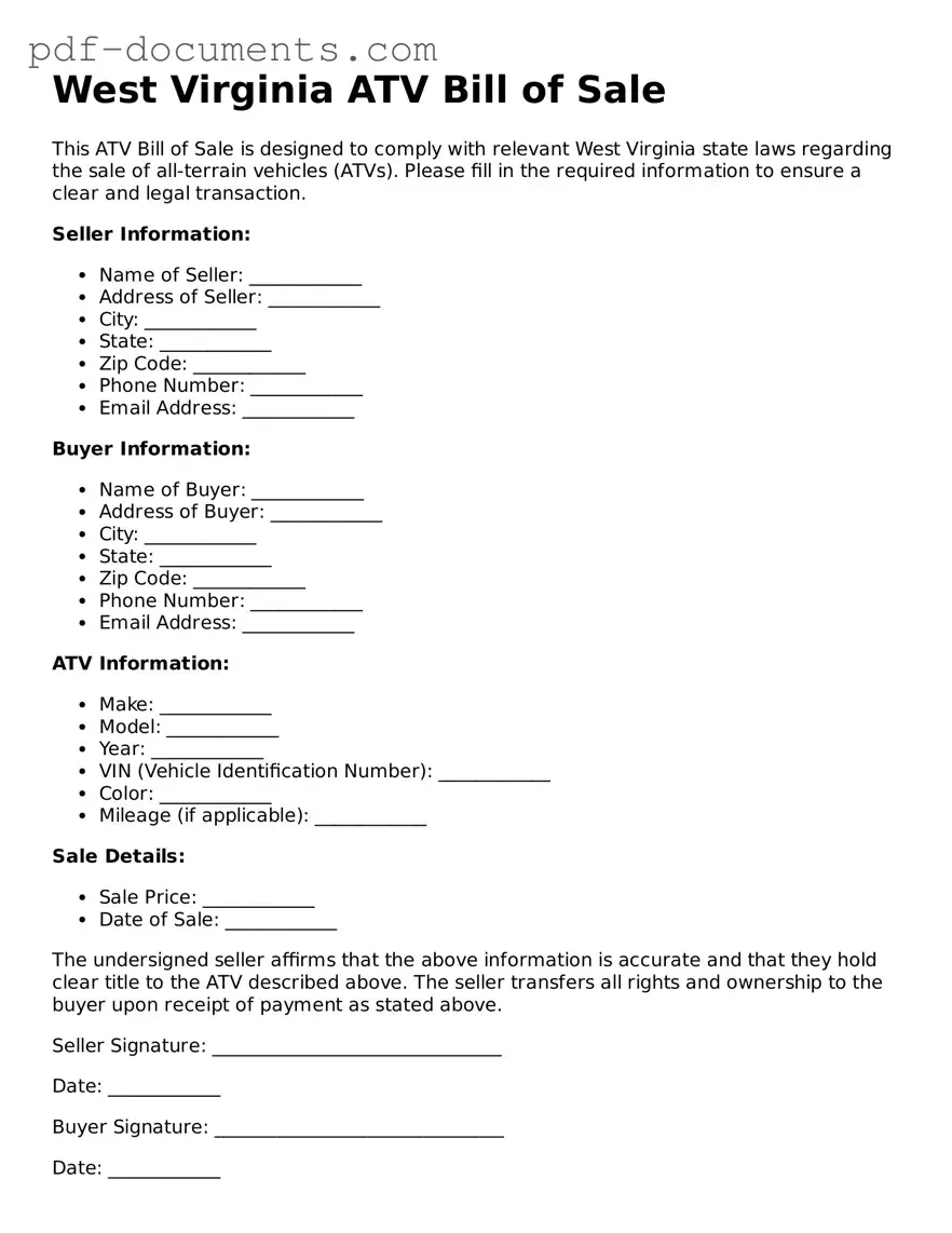 Legal ATV Bill of Sale Template for the State of West Virginia