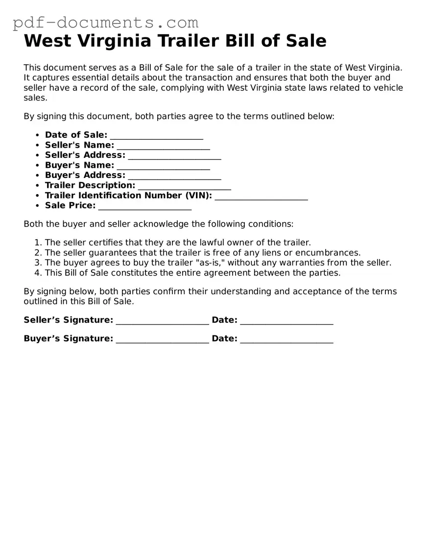Legal Trailer Bill of Sale Template for the State of West Virginia