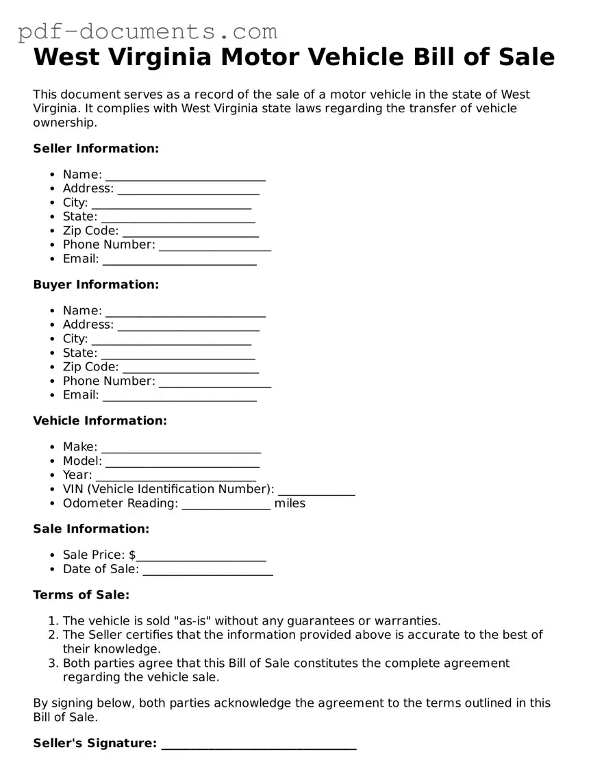 Legal Motor Vehicle Bill of Sale Template for the State of West Virginia