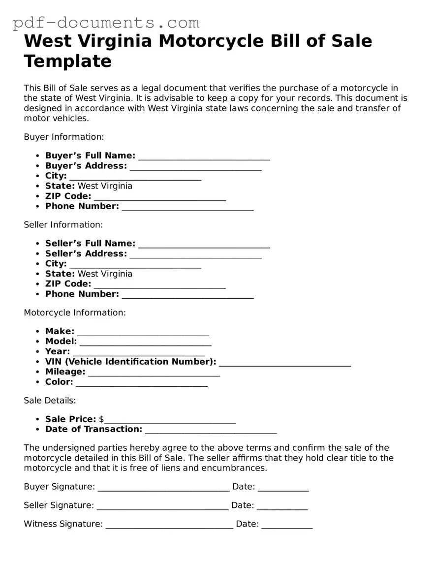 Legal Motorcycle Bill of Sale Template for the State of West Virginia