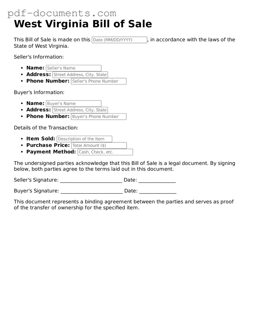 Legal Bill of Sale Template for the State of West Virginia
