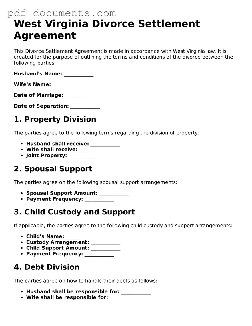 Legal Divorce Settlement Agreement Template for the State of West Virginia