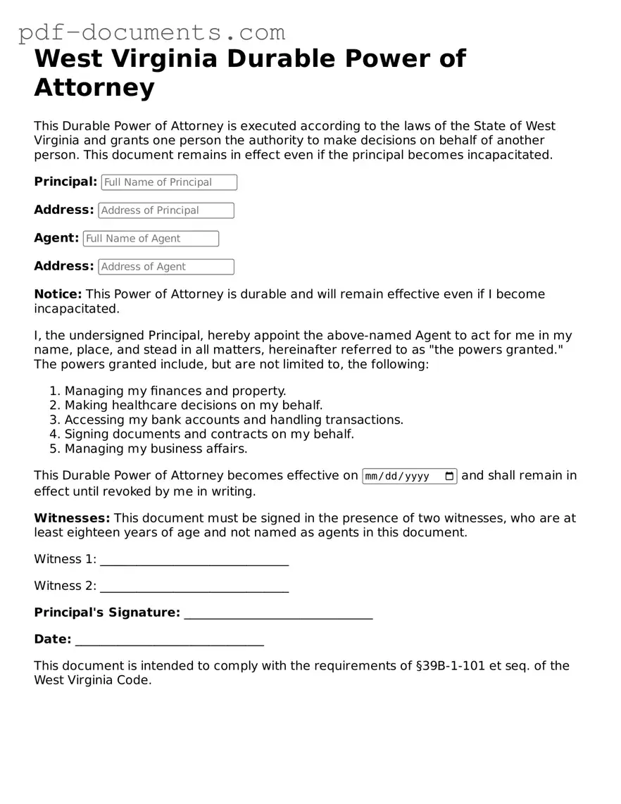 Legal Durable Power of Attorney Template for the State of West Virginia