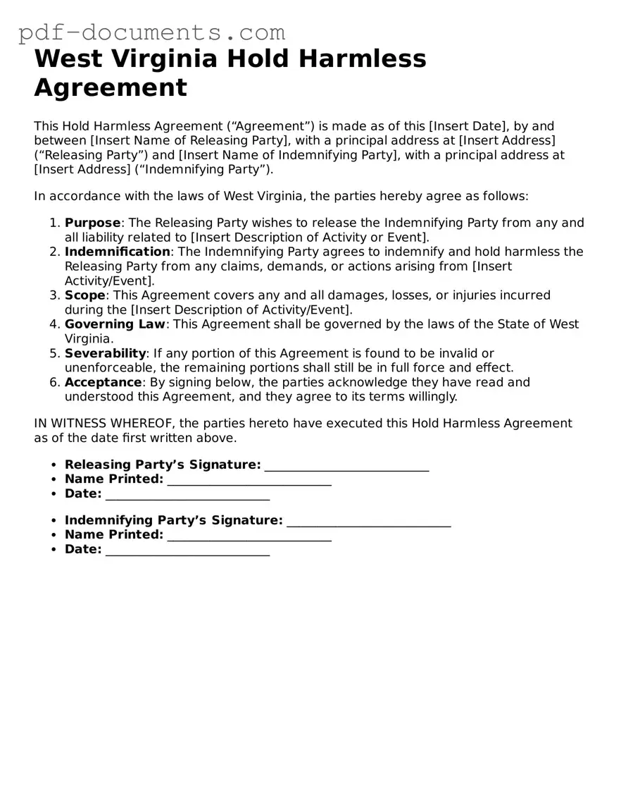 Legal Hold Harmless Agreement Template for the State of West Virginia