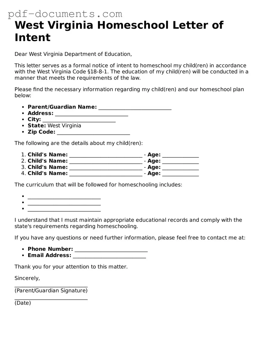 Legal Homeschool Letter of Intent Template for the State of West Virginia