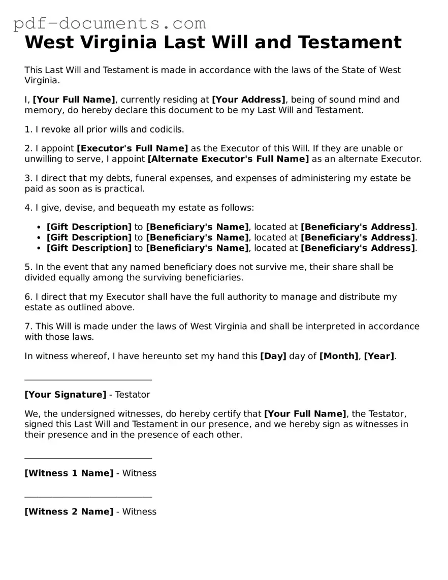 Legal Last Will and Testament Template for the State of West Virginia