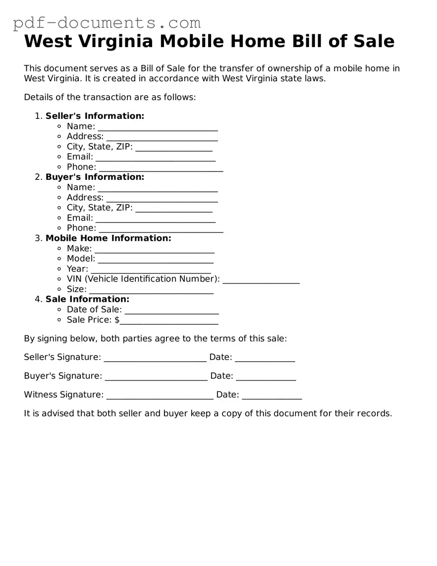 Legal Mobile Home Bill of Sale Template for the State of West Virginia