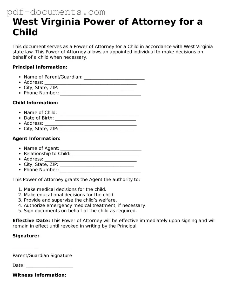 Legal Power of Attorney for a Child Template for the State of West Virginia
