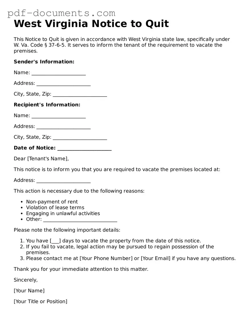 Legal Notice to Quit Template for the State of West Virginia