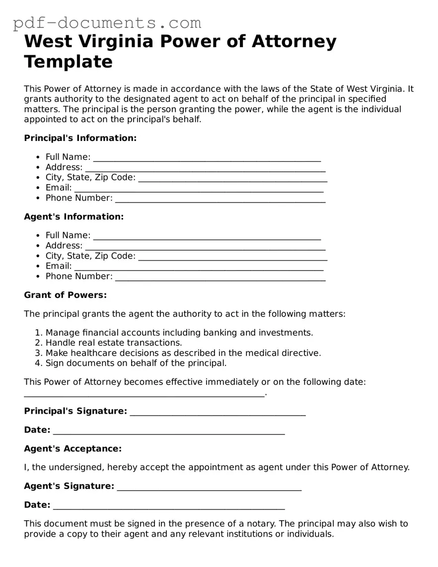 Legal Power of Attorney Template for the State of West Virginia