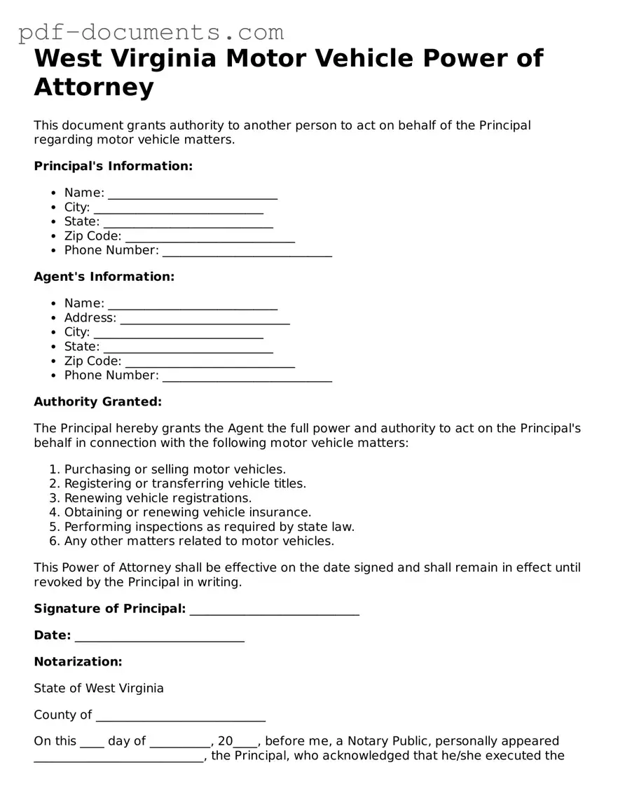 Legal Motor Vehicle Power of Attorney Template for the State of West Virginia