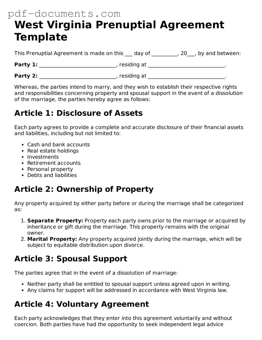 Legal Prenuptial Agreement Template for the State of West Virginia
