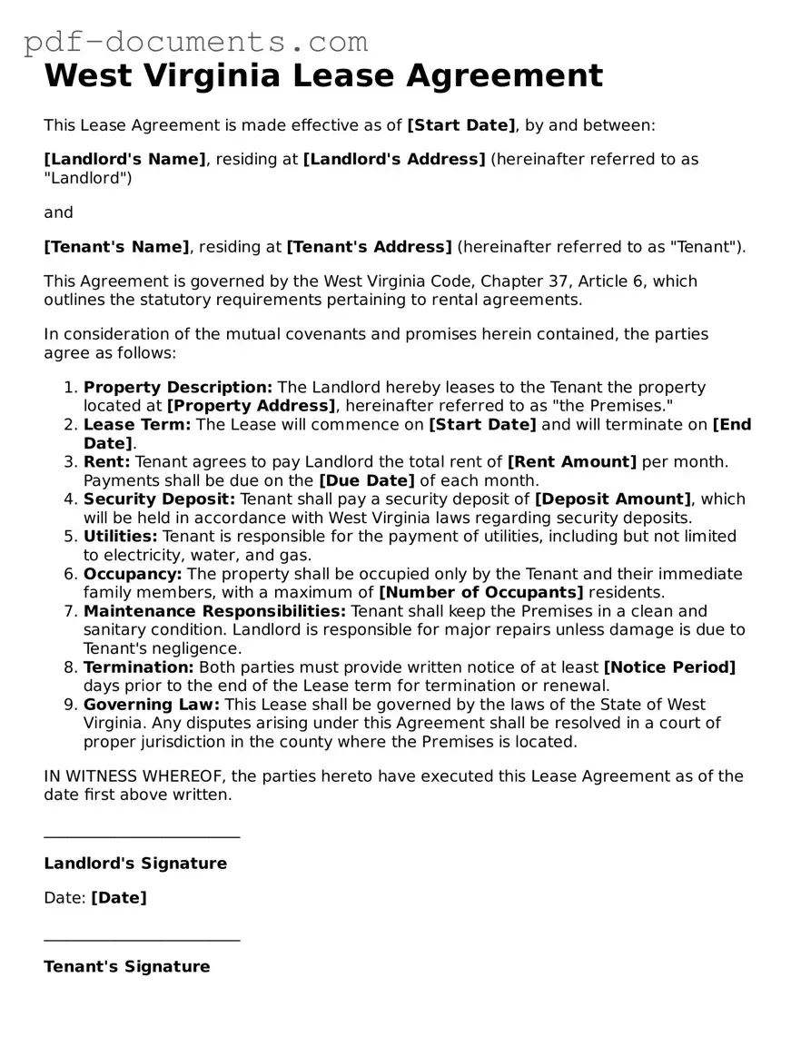 Legal Lease Agreement Template for the State of West Virginia