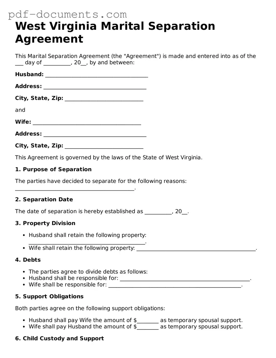 Legal Marital Separation Agreement Template for the State of West Virginia