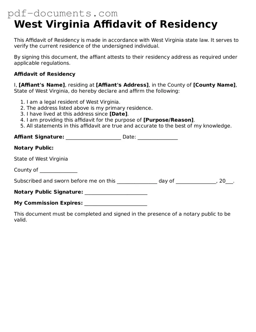 Legal Affidavit of Residency Template for the State of West Virginia