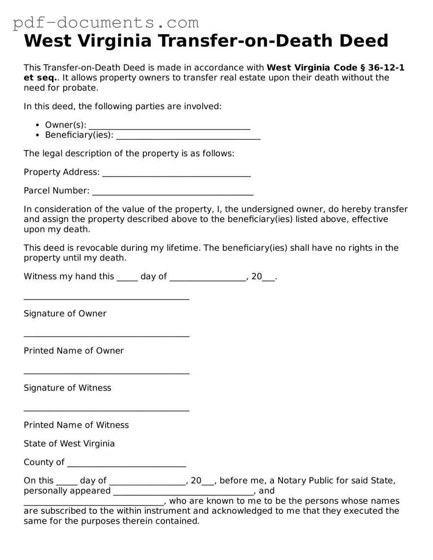 Legal Transfer-on-Death Deed Template for the State of West Virginia