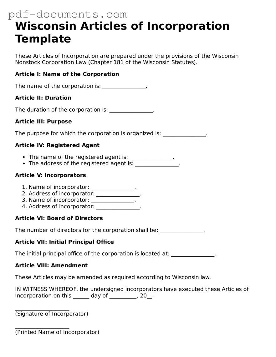 Legal Articles of Incorporation Template for the State of Wisconsin