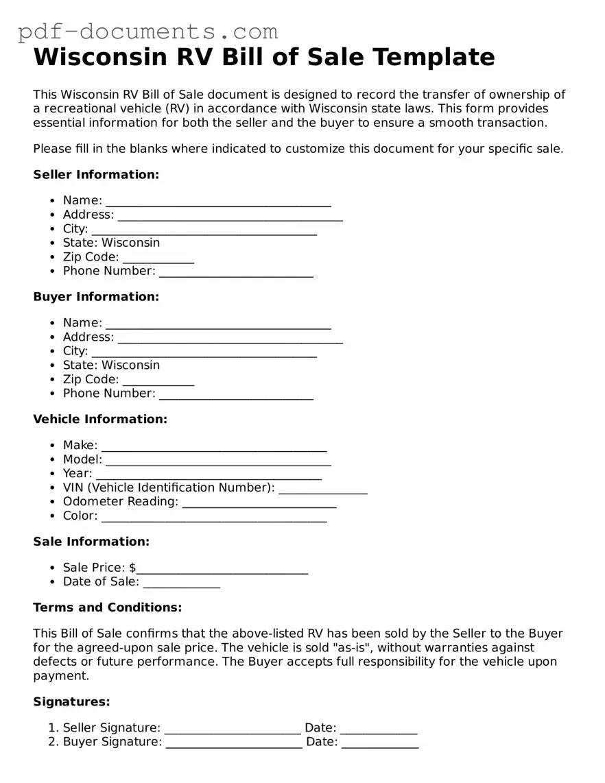 Legal RV Bill of Sale Template for the State of Wisconsin