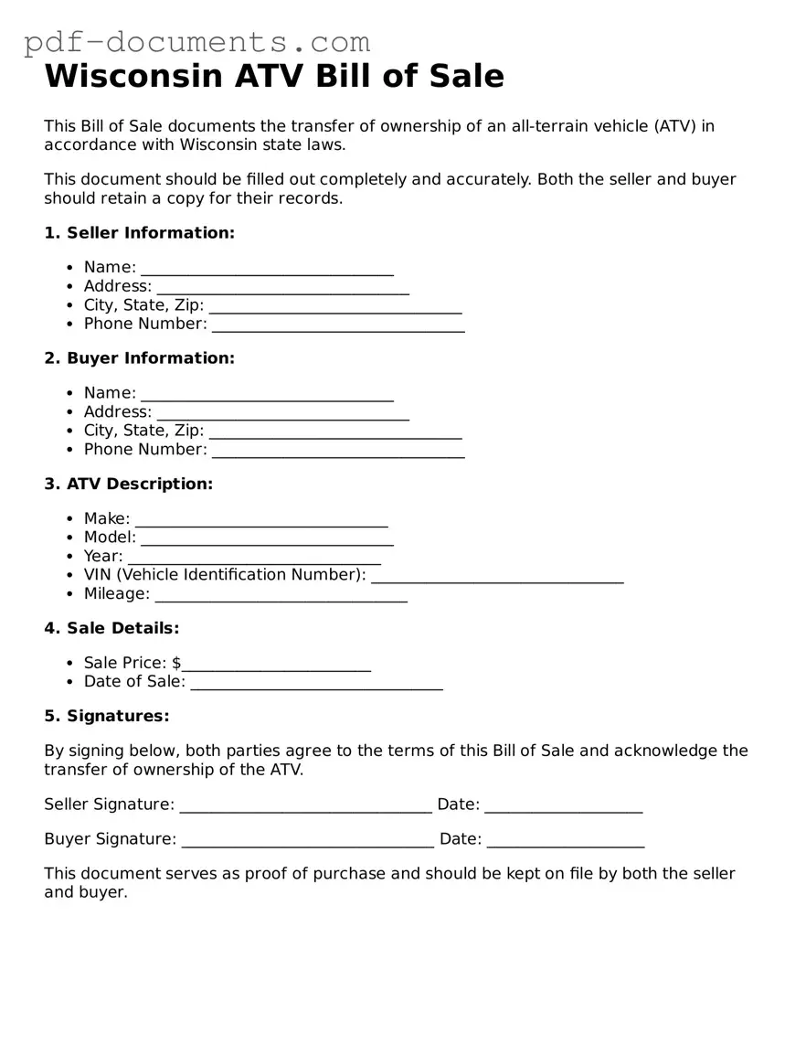 Legal ATV Bill of Sale Template for the State of Wisconsin