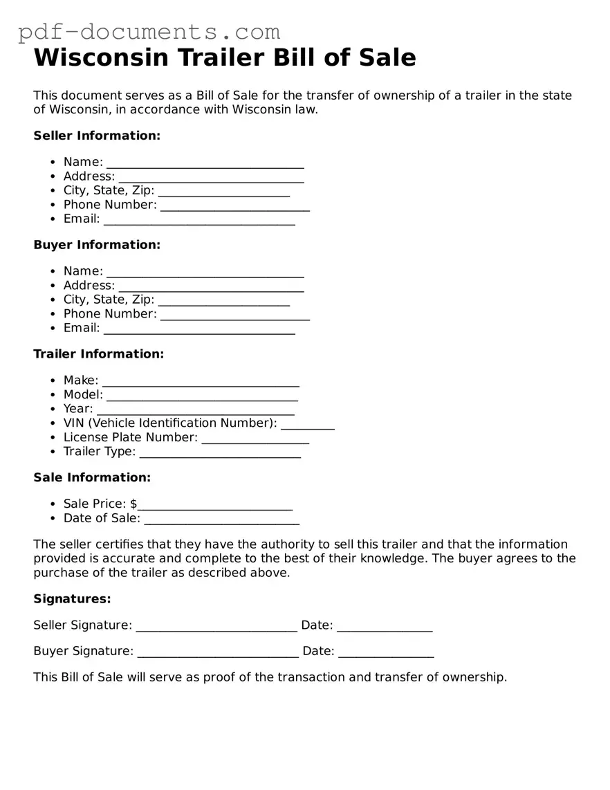 Legal Trailer Bill of Sale Template for the State of Wisconsin