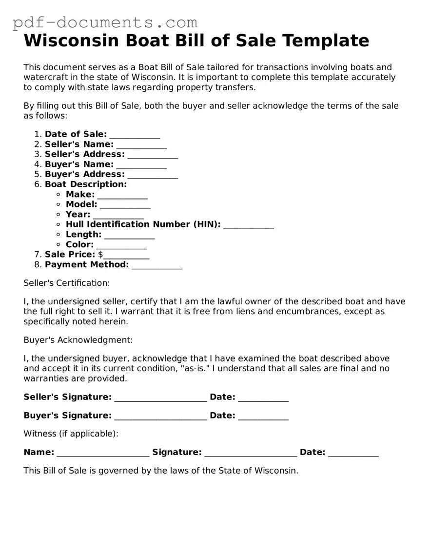 Legal Boat Bill of Sale Template for the State of Wisconsin