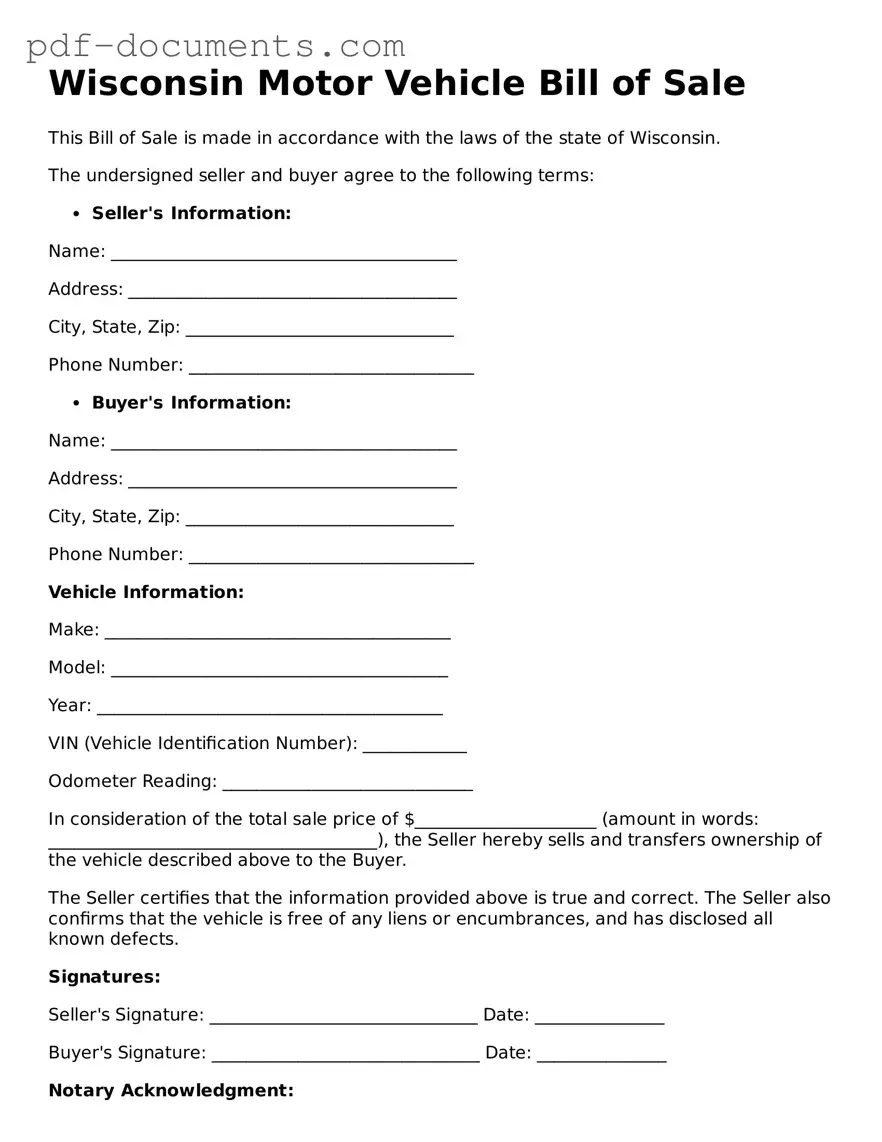 Legal Motor Vehicle Bill of Sale Template for the State of Wisconsin