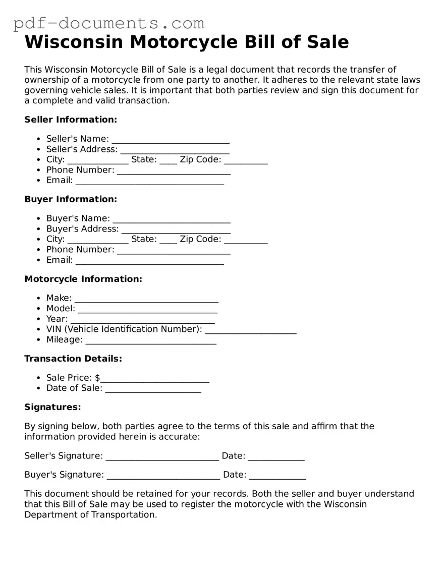 Legal Motorcycle Bill of Sale Template for the State of Wisconsin