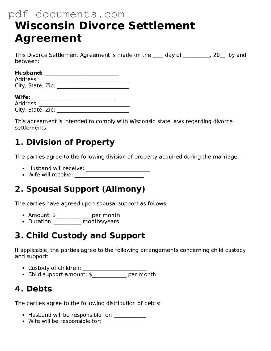 Legal Divorce Settlement Agreement Template for the State of Wisconsin