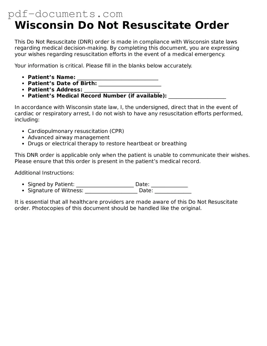 Legal Do Not Resuscitate Order Template for the State of Wisconsin