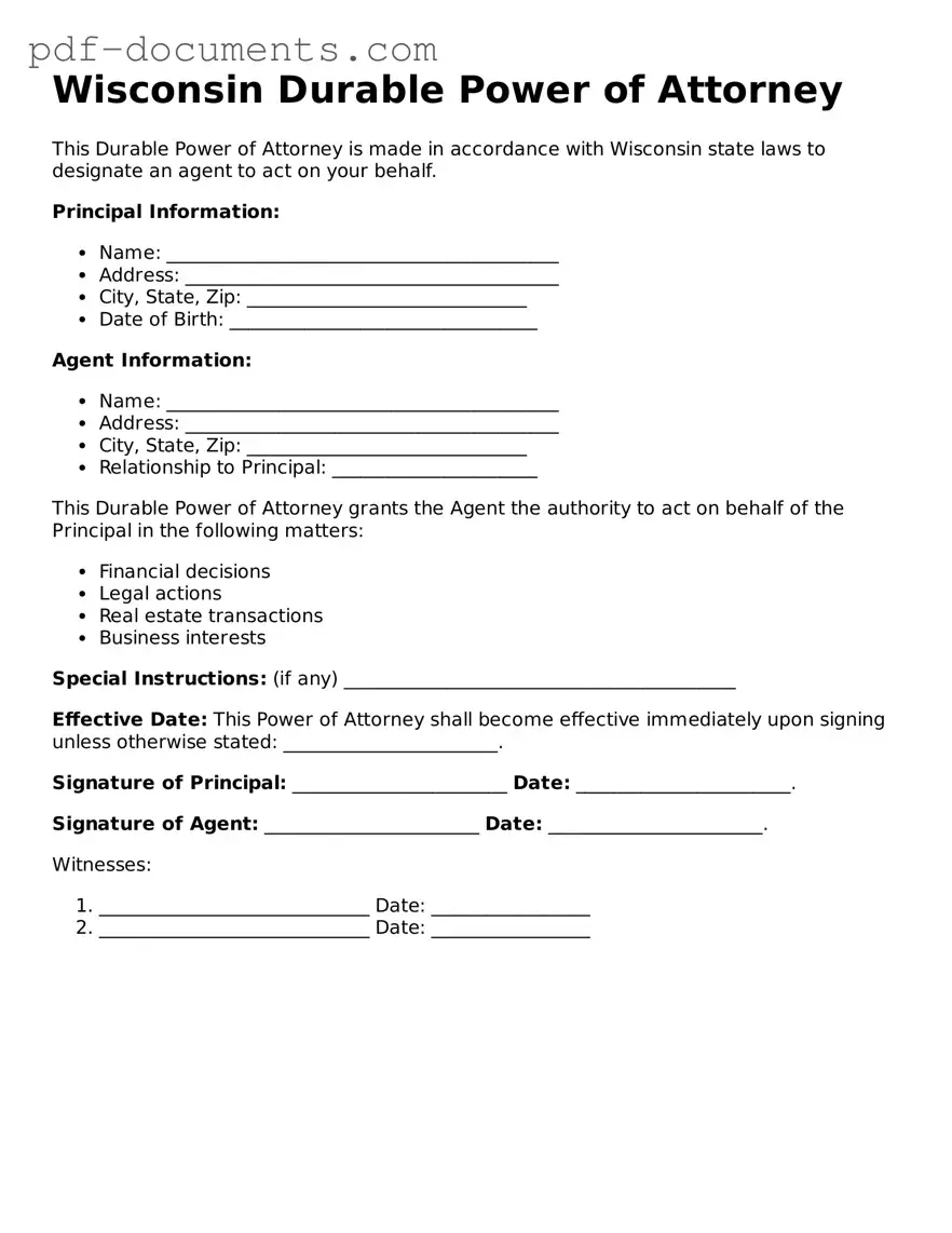Legal Durable Power of Attorney Template for the State of Wisconsin