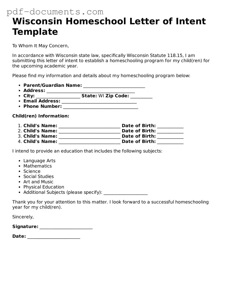 Legal Homeschool Letter of Intent Template for the State of Wisconsin
