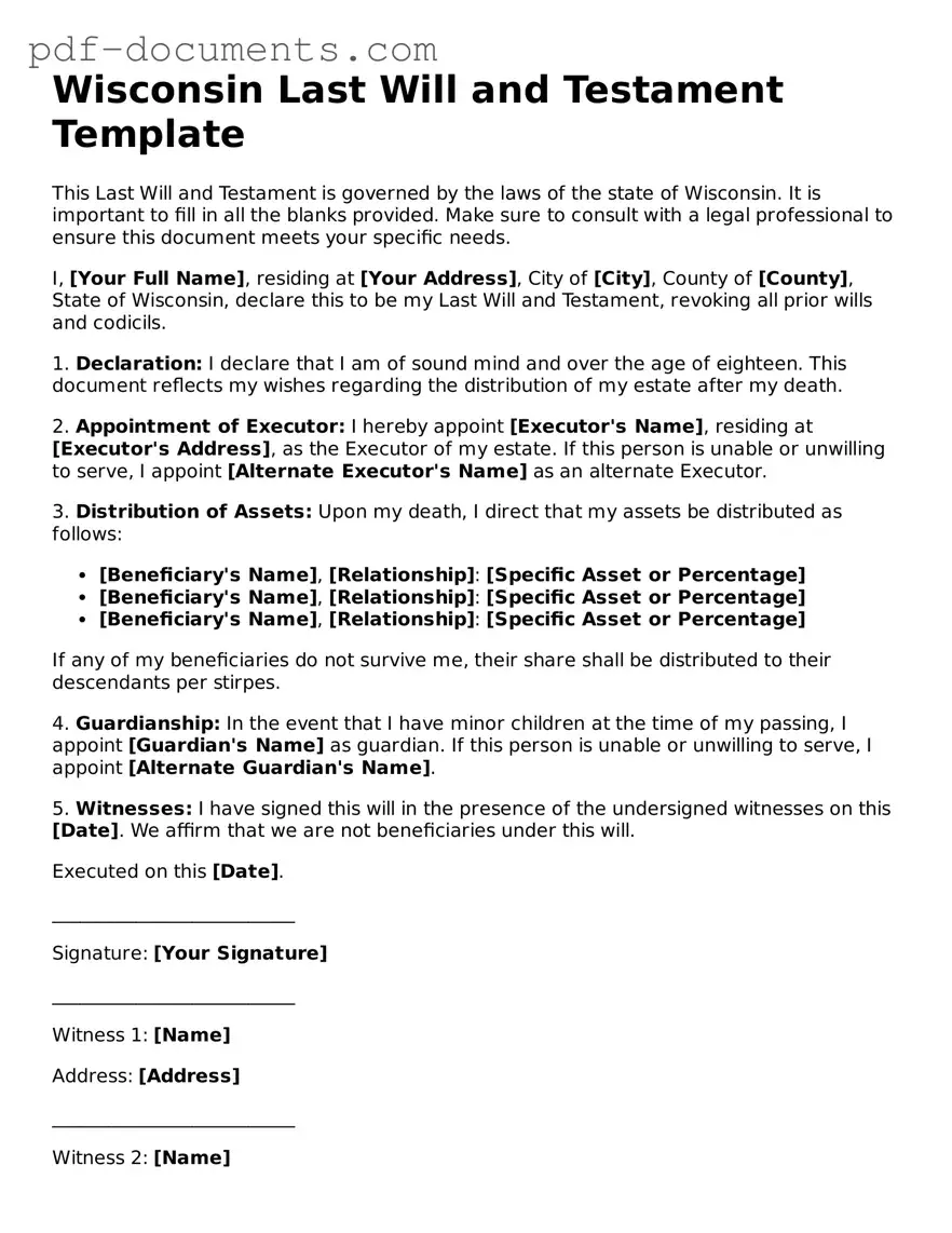 Legal Last Will and Testament Template for the State of Wisconsin